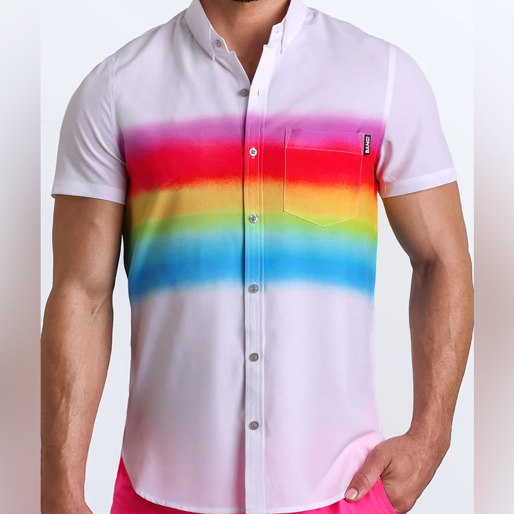 Bang! Miami Gimme Your Love Rainbow Stretch Shirt, NWT, Fun, Funky